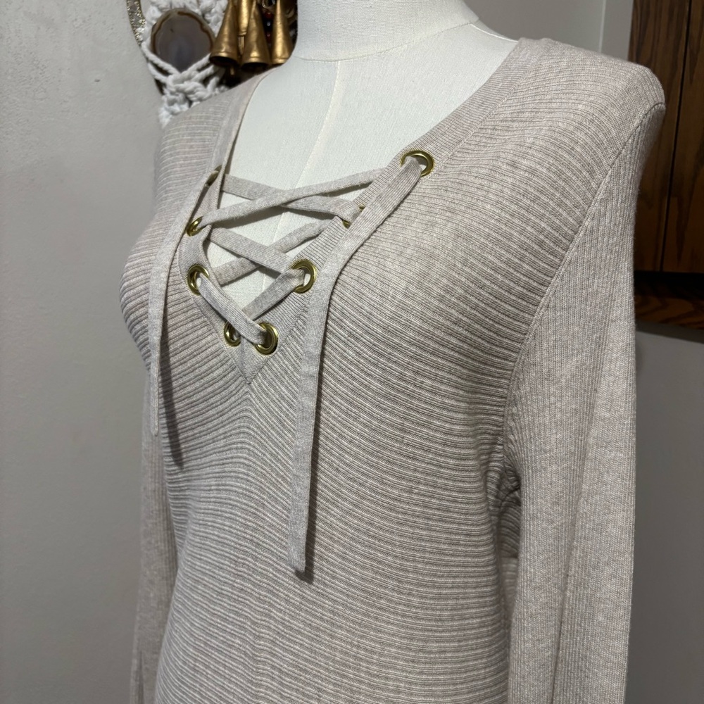 INC Beige Boho V-Neck Fringe Tunic Sweater Style Dress Size Large Lace Up Front - Picture 4 of 8